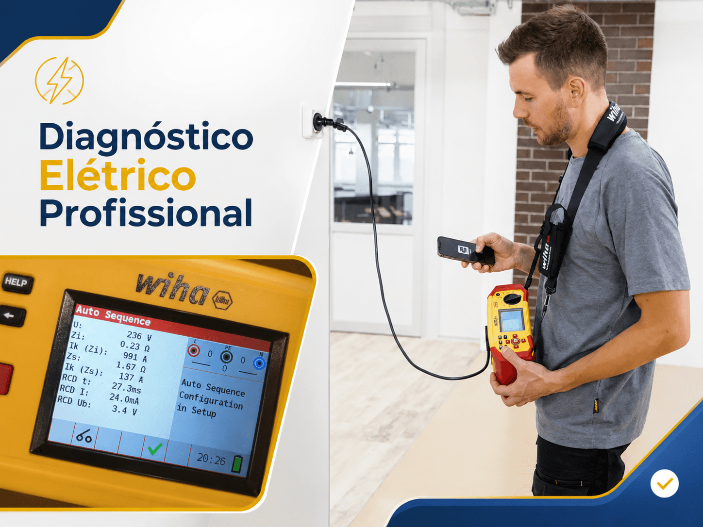 Testador multifunções Wiha com resultados de ensaio eléctrico